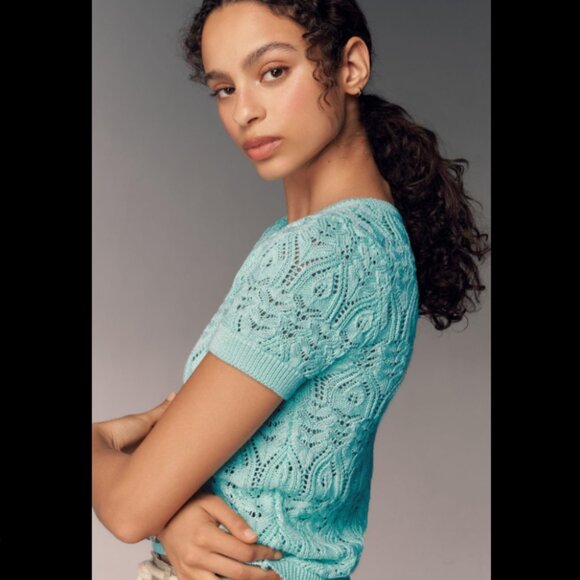 Brand New By Anthropologie Crochet Stitched Knitted T-Shirt - Picture 3 of 9